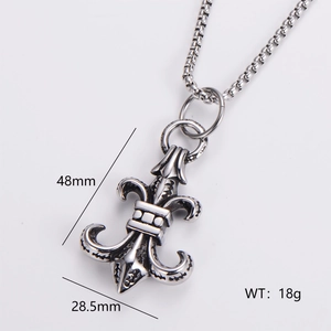 Vintage silver stainless steel punk pendant necklace with fleur-de-lis and dimensions