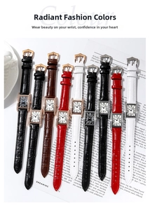 Collection of retro square quartz watches with roman numerals and leather straps on a magazine