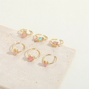Set of 6 gold plated adjustable rings with cat-eye stones and heart designs