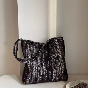 Retro black and white striped wool tote bag for women with autumn winter texture