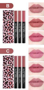Set di tre matite labbra opache con scatola leopardata e campioni di colore waterproof