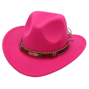 Fuchsia felt cowboy hat with woven band and gold feather charm for kids and adults