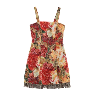 French Retro Floral Jacquard Mini Dress Sleeveless Square Neck Elegant Oil Painting Style Fringe Tassel Hem Brocade