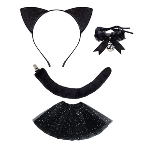Serre-tête oreilles de chat avec collier dentelle, queue en peluche et jupe tutu