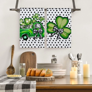 St. Patrick's Day microfiber kitchen towels with shamrock and truck pattern in kitchen setting