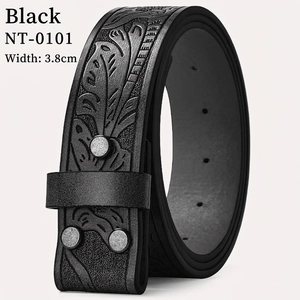 Detailed view of 3.8cm black embossed leather belt with floral patterns and metal rivets