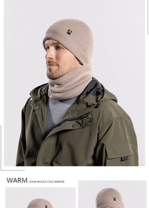 Close-up of beige ribbed knit beanie and neck warmer set with warm fleece lining
