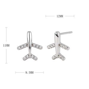 Detailed view of silver airplane stud earrings with zircon inlay showing dimensions