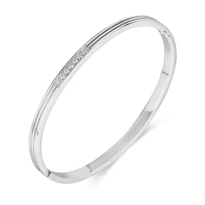 Polished silver geometric bangle with six brilliant round diamonds in titanium steel