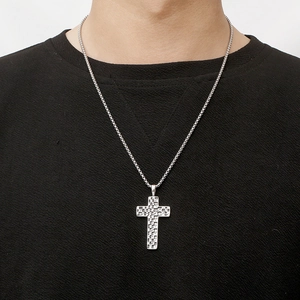 Vintage silver punk cross pendant necklace for men with square embossed grid pattern