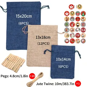 Christmas advent calendar kit with 24 linen drawstring bags, wooden clips, and hemp rope