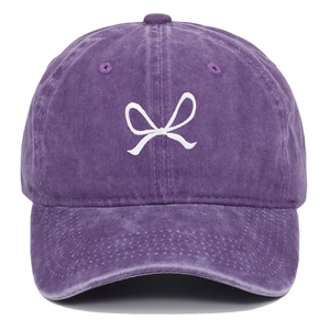 Purple washed cotton baseball cap featuring vintage bow embroidery and a retro casual style