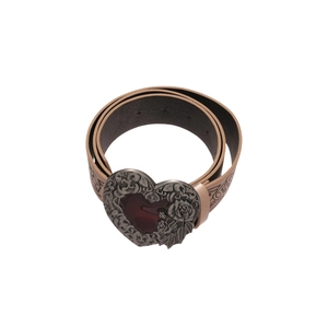 Vintage leather belt with embossed floral patterns and an ornate heart-shaped buckle