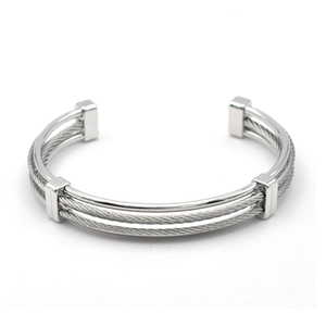 Silver stainless steel open cuff bracelet with layered cable wire weave design