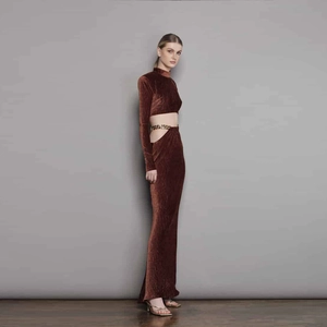 Brown velvet long sleeve crop top and maxi skirt set with gold chain detail