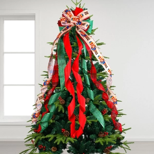 Nœud décoratif pour sapin de Noël avec rubans rouges, verts, à carreaux et casse-noisette