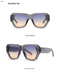 Macro view of oversized geometric sunglasses with gray transparent frames and gradient lenses