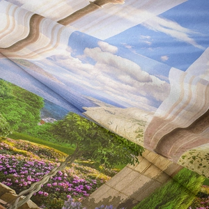 Detail showing the fine twill texture and Mediterranean landscape print on fabric