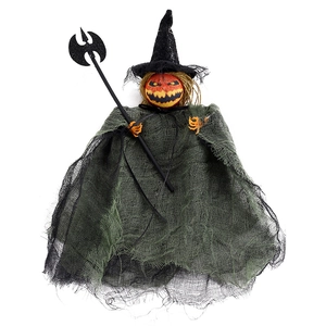 Halloween pumpkin witch hanging decoration with green gauze cloak and axe for party props