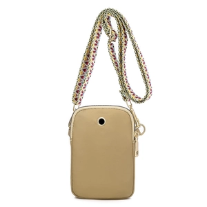 Waterproof khaki nylon crossbody phone bag with stylish bohemian woven strap and earphone port