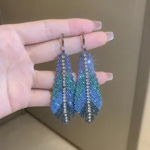 Rhinestone Feather Dangle Earrings For Women With Steel Earring Post Long Gradient Blue Green Leaf Shaped Unique Jewelry