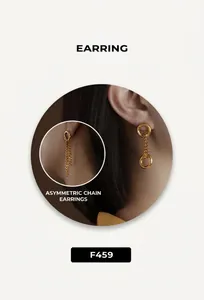 Macro detail of asymmetric gold chain earrings with minimalist geometric ring design