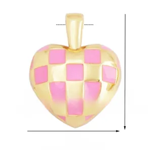 Detail of pink checkerboard enamel heart pendant with precise dimensions 19x14mm