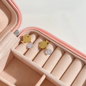 Fish Stud Earrings With Round Cubic Zirconia Dangle Frosted Stainless Steel Gold Plated Jewelry For Women