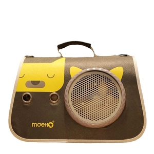 Portable pet carrier bag with yellow cat pattern and honeycomb mesh window in dark grey