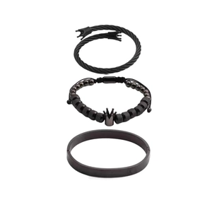 3-piece men's black stainless steel bracelet set with crown charms and braided cable