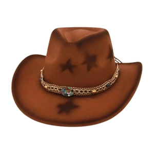 Brown vintage cowboy hat with star prints and a metallic band with a gemstone