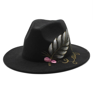 Hand Painted Butterfly Feather Pattern Fedora Hat Unisex Woolen Felt Flat Brim Jazz Hat Western Style Wide Brim Cap
