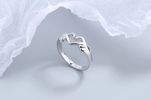 Close-up of S925 silver ring featuring a unique heart gesture design and polished finish