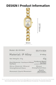 Detailed size specifications for women's oval gold quartz watch with crystal band