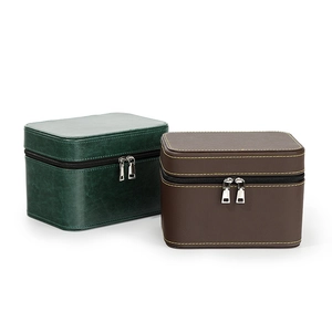 Green and brown PU leather jewelry boxes with double zippers for large capacity storage