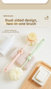 Dual-sided bath brush with soft bristles and mesh sponge on a long handle for shower use