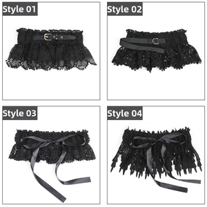 Detailed view of four black lace corset belts with leather buckles and ribbon bow styles