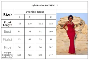 Detailed size chart for elegant draped backless evening dress with key measurements