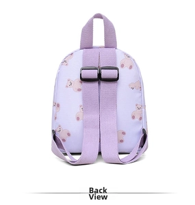 Detail view of the purple kids backpack showing reinforced straps and bear pattern