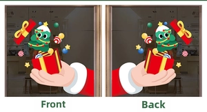 Double-sided Christmas window stickers showing front and back views on glass surface