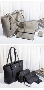 Detail view of 4-piece fashion handbag set in grey and black faux leather with gold hardware