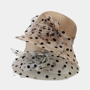 Elegant organza flower sun hats for women with pearl beads and polka dot mesh lace