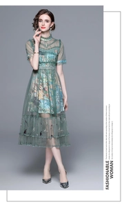 Detail of green mesh embroidery with delicate beaded dots on this long summer dress