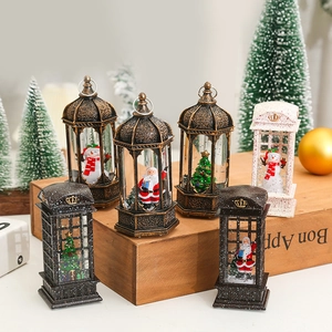 Retro LED Christmas lanterns with water glitter and festive figurines for home decor