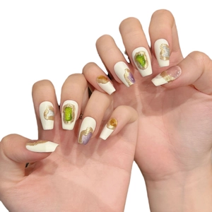 Abstract hand-painted matte ballerina press-on nails with metallic gold and purple art