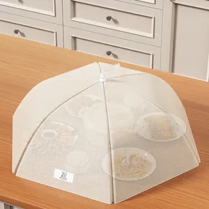 Collapsible umbrella food cover tent made of off-white fine mesh for 8 large plates