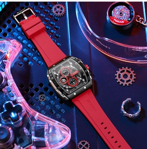 Cyberpunk style close-up of a red silicone strap watch with black chronograph square dial