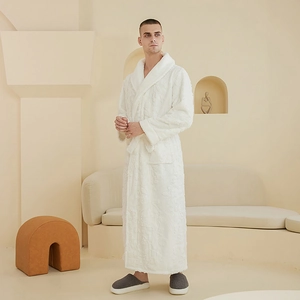 Men's thick white jacquard fleece bathrobe with shawl collar and adjustable waist belt