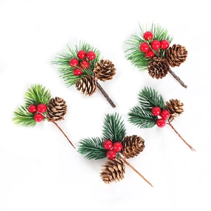 Set of 5 artificial pine needles with red berries and natural cones for Christmas decor