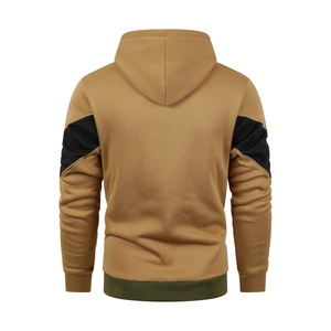 Detailed back view of a tricolor hooded sweatshirt with camel, black, and green panels